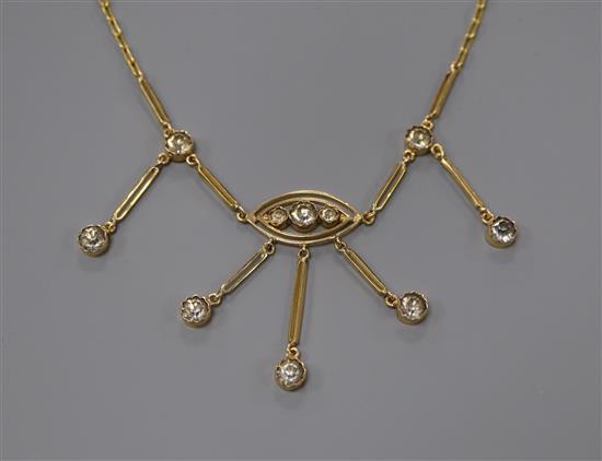 A yellow metal (stamped 18c) and white paste set drop necklace, approx. 42cm.
